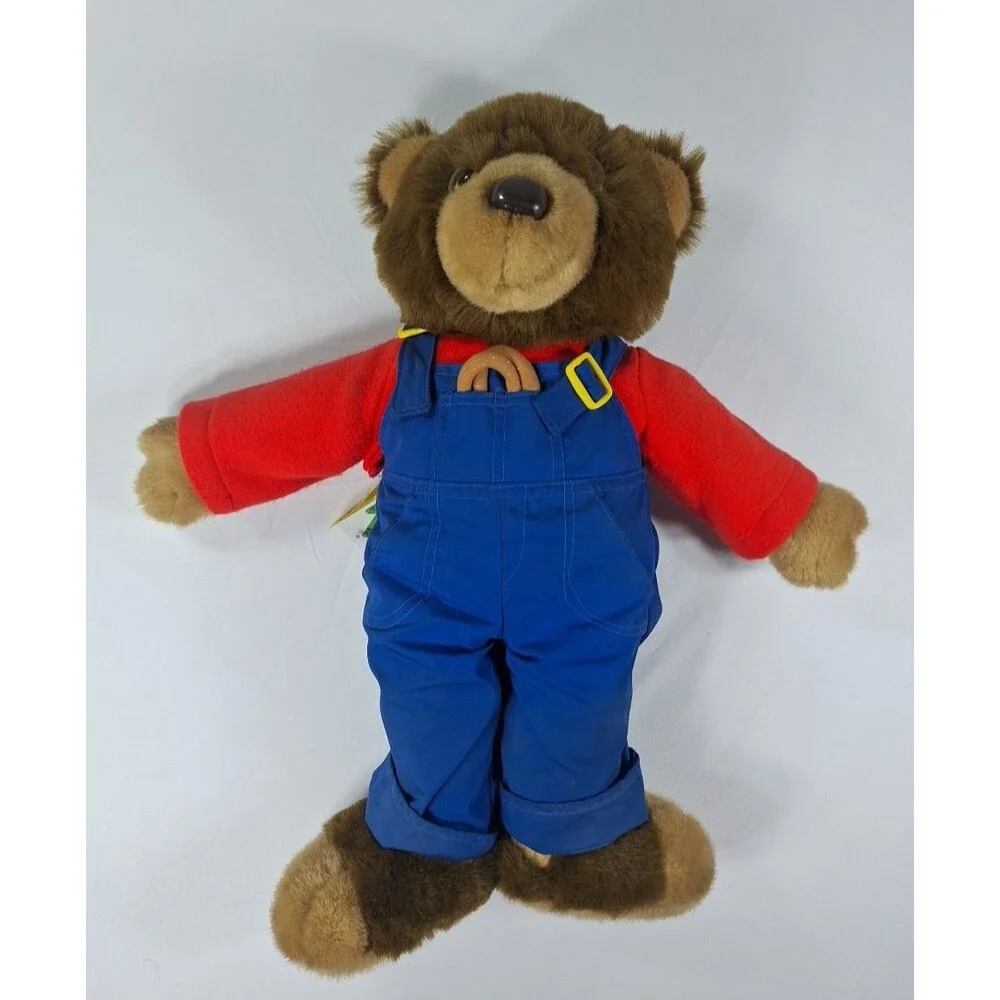 Vintage JS International Plush Teddy Bear Blue Overalls Red Shirt 14